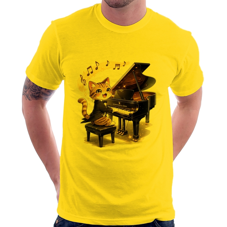 Camiseta Gato Pianista - Orquestra Animal - Amarela