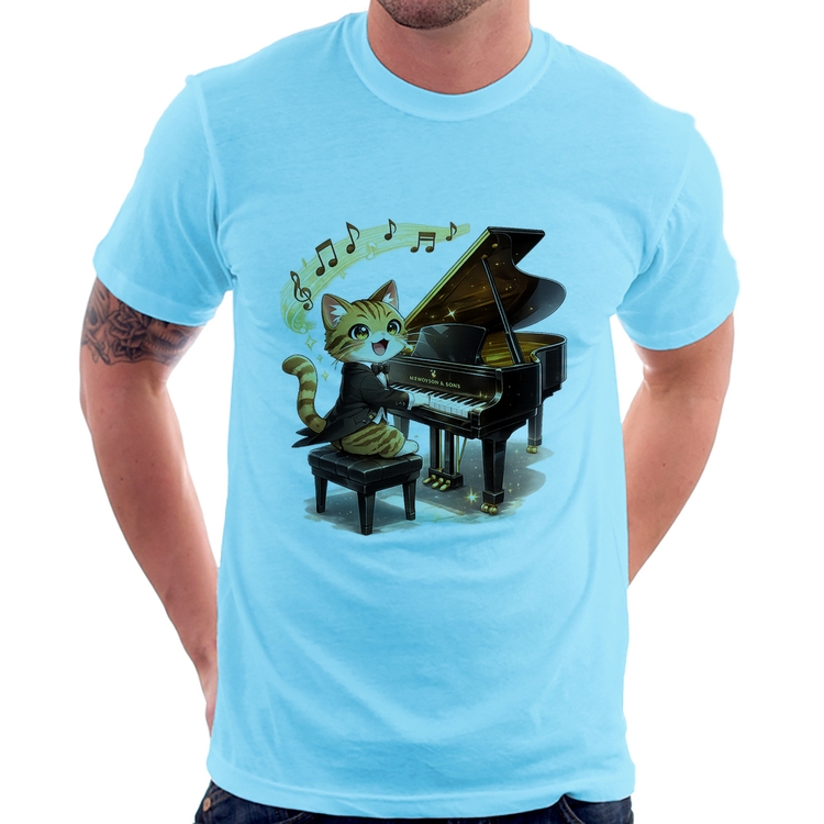 Camiseta Gato Pianista - Orquestra Animal - Azul Bebê