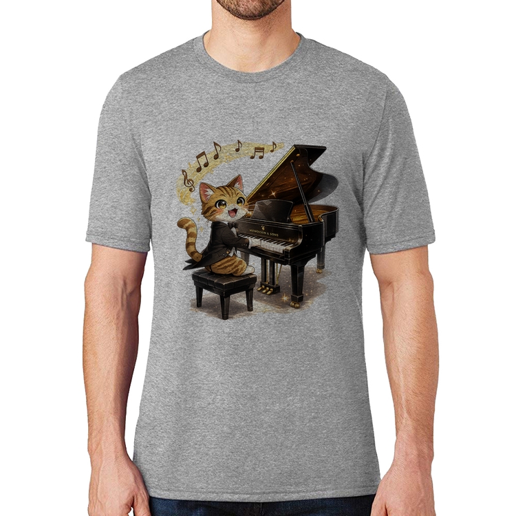 Camiseta Gato Pianista - Orquestra Animal - Cinza