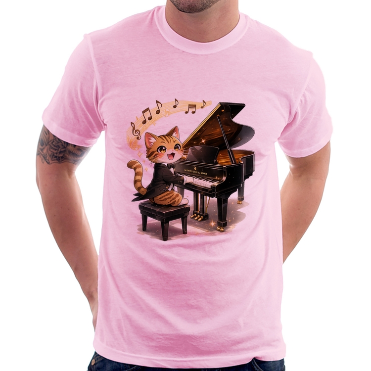 Camiseta Gato Pianista - Orquestra Animal - Rosa Bebê