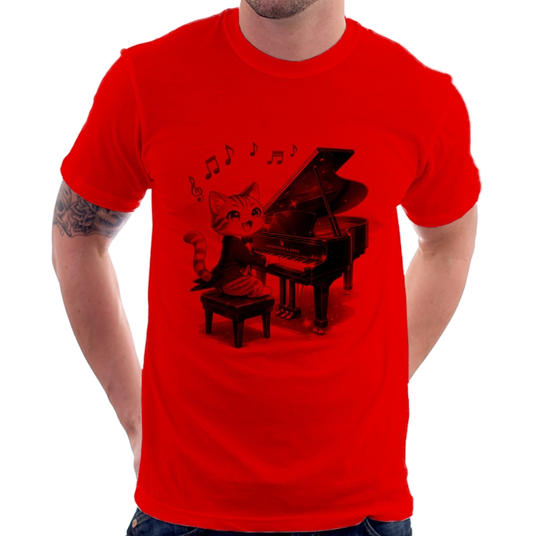 Camiseta Gato Pianista - Orquestra Animal - Vermelha