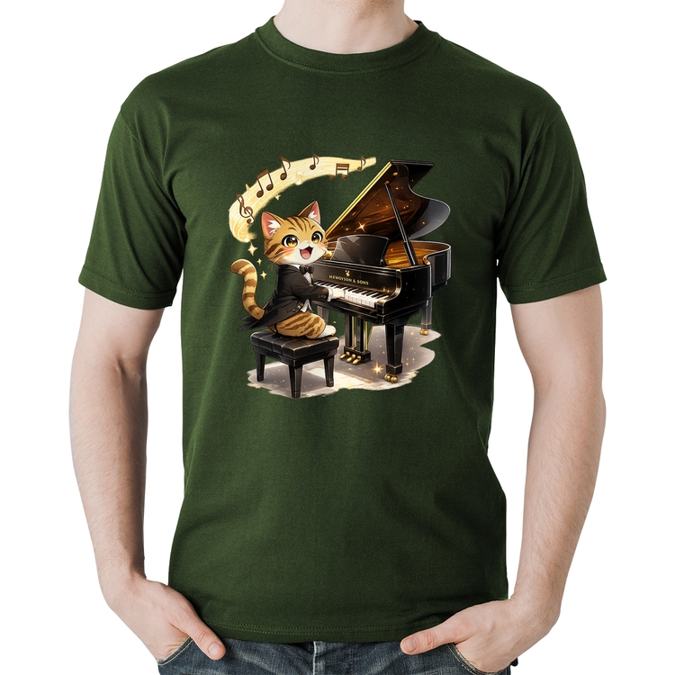 Camiseta Algodão Gato Pianista - Orquestra Animal - Musgo
