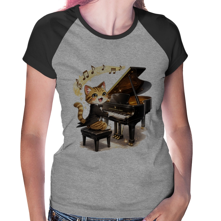Baby Look Raglan Gato Pianista - Orquestra Animal - Cinza/Preto