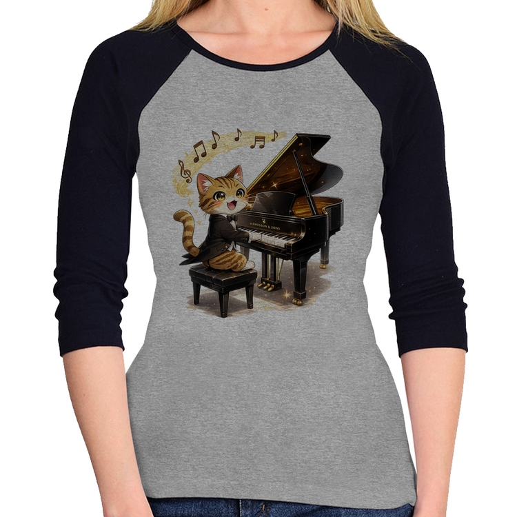 Baby Look Raglan Gato Pianista - Orquestra Animal Manga 3/4 - Cinza/Preto