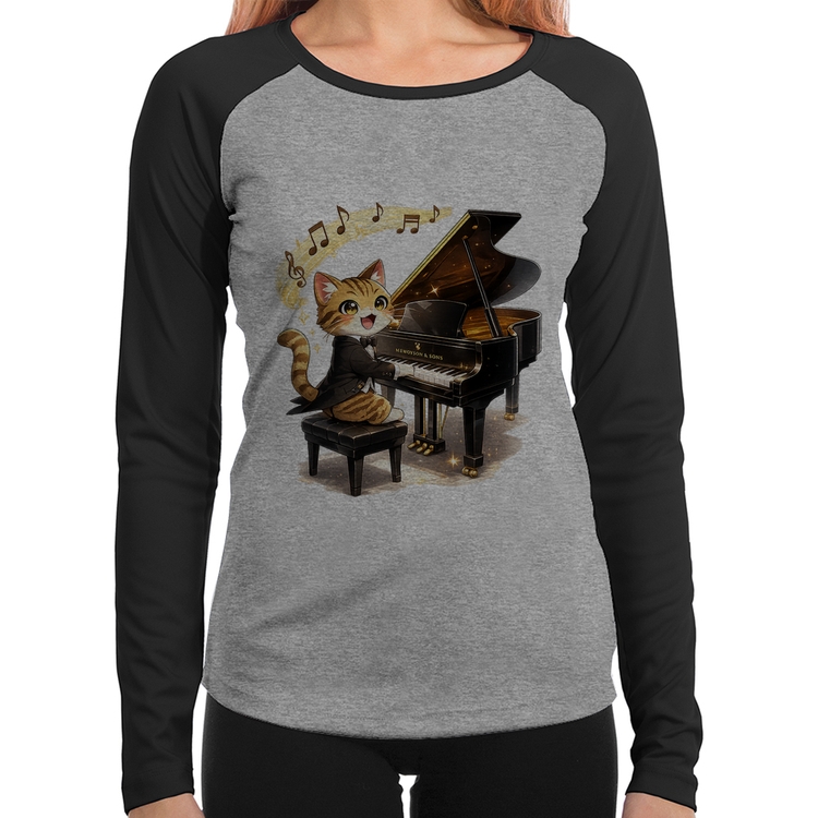 Baby Look Raglan Gato Pianista - Orquestra Animal Manga Longa - Cinza/Preto