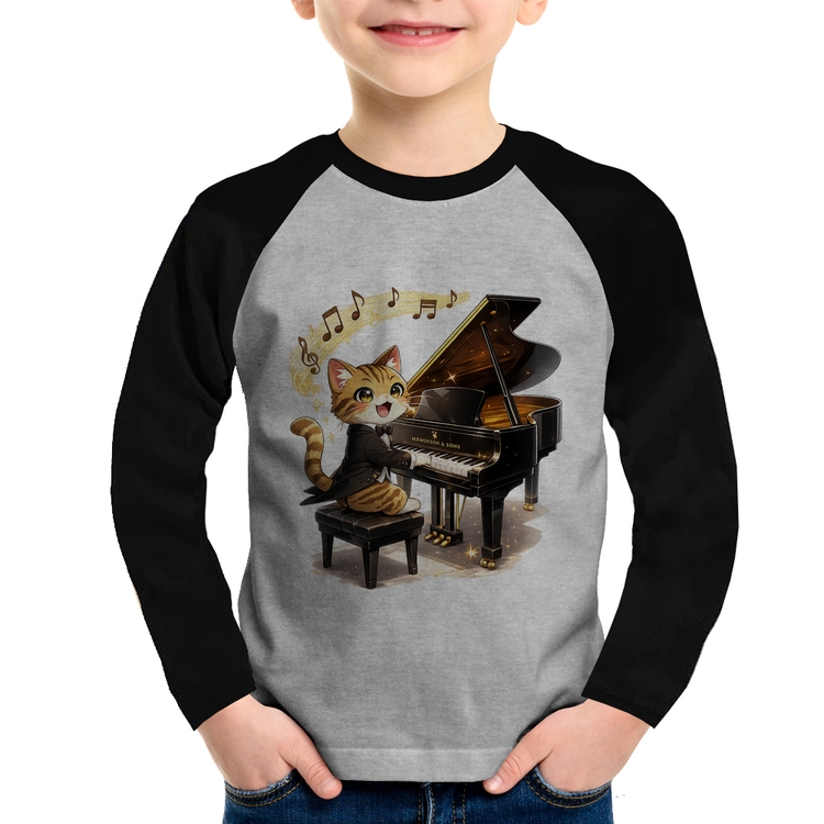 Camiseta Raglan Infantil Gato Pianista - Orquestra Animal Manga Longa - Cinza/Preto
