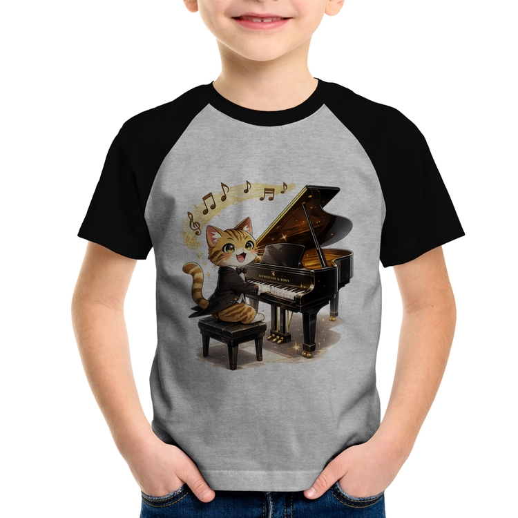 Camiseta Raglan Infantil Gato Pianista - Orquestra Animal - Cinza/Preto