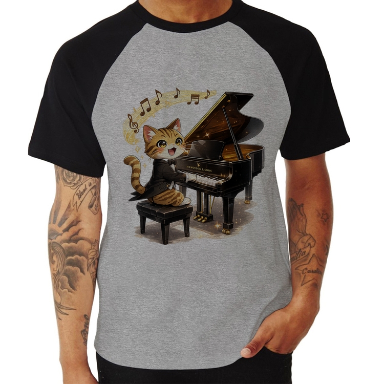 Camiseta Raglan Gato Pianista - Orquestra Animal - Cinza/Preto