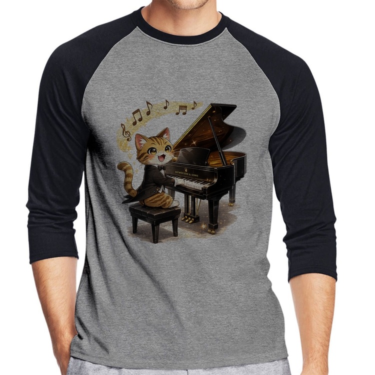 Camiseta Raglan Gato Pianista - Orquestra Animal Manga 3/4 - Cinza/Preto