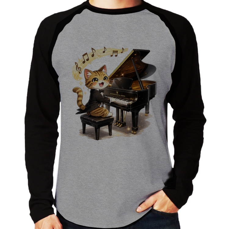 Camiseta Raglan Gato Pianista - Orquestra Animal Manga Longa - Cinza/Preto