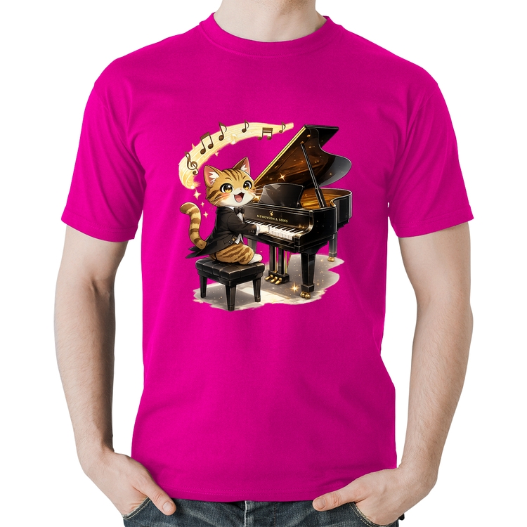 Camiseta Algodão Gato Pianista - Orquestra Animal - Rosa