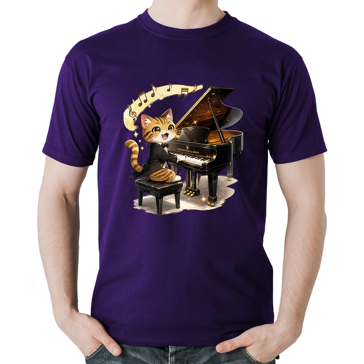 Camiseta Algodão Gato Pianista - Orquestra Animal - Roxa
