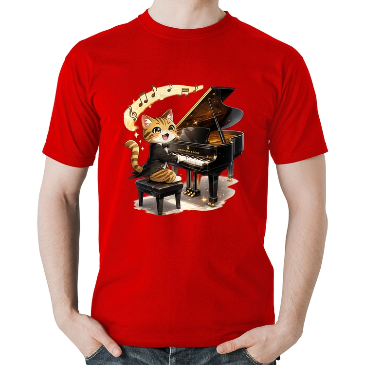 Camiseta Algodão Gato Pianista - Orquestra Animal - Vermelha