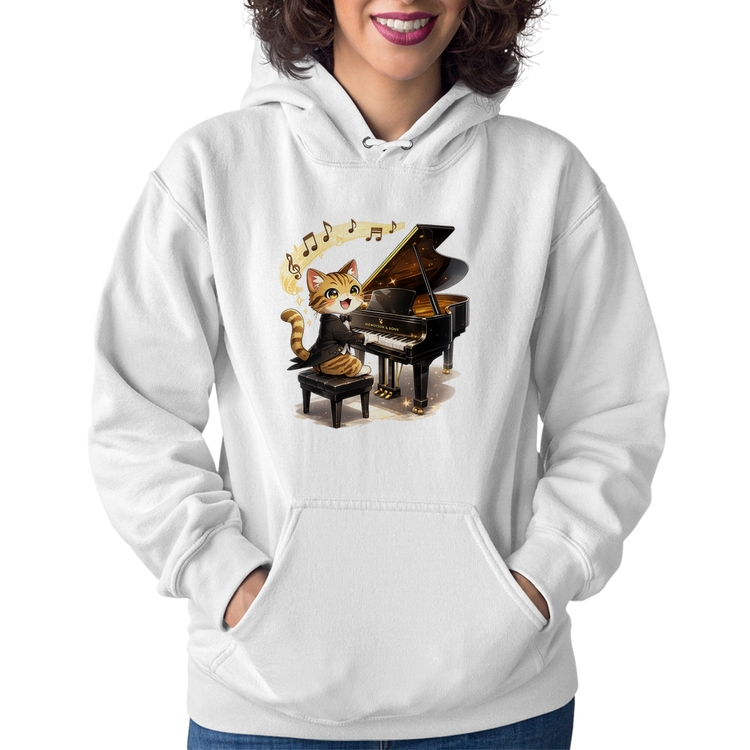 Moletom Feminino Gato Pianista - Orquestra Animal - Branco