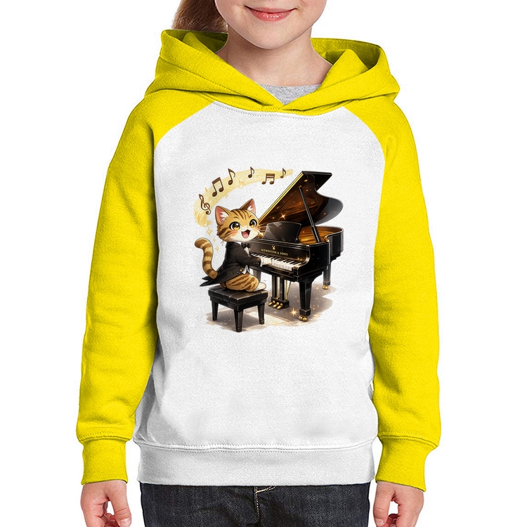Moletom Infantil Gato Pianista - Orquestra Animal - Branco/Amarelo