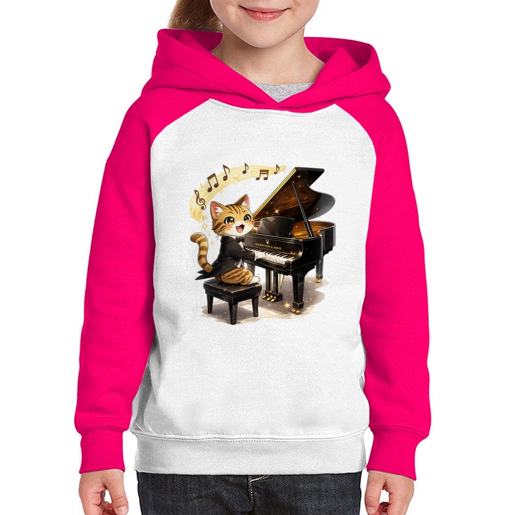 Moletom Infantil Gato Pianista - Orquestra Animal - Branco/Rosa