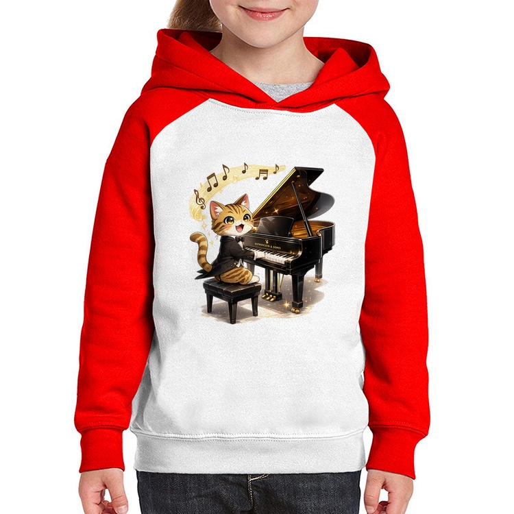 Moletom Infantil Gato Pianista - Orquestra Animal - Branco/Vermelho