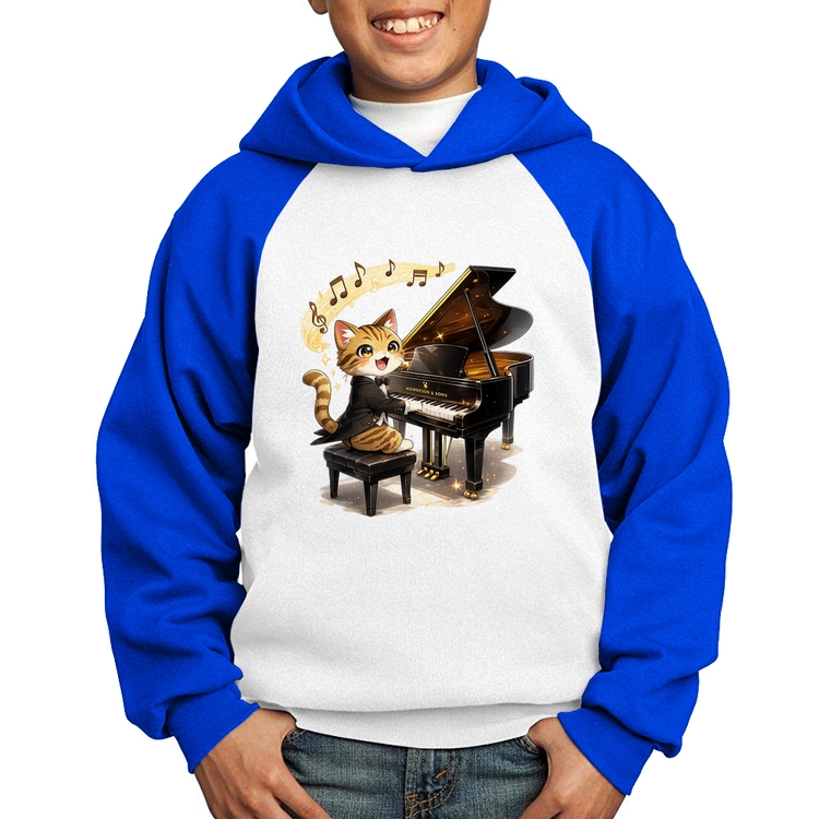 Moletom Infantil Gato Pianista - Orquestra Animal - Branco/Azul