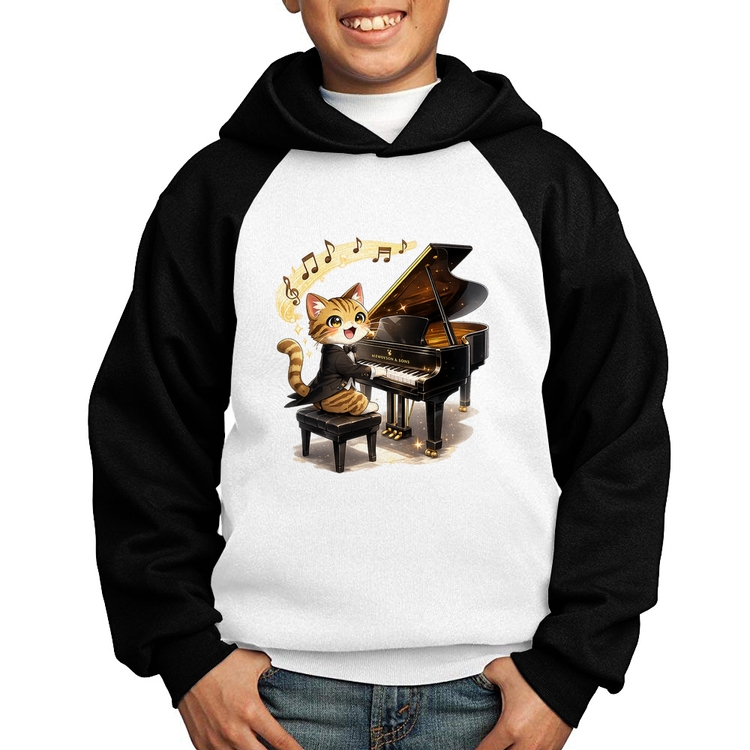 Moletom Infantil Gato Pianista - Orquestra Animal - Branco/Preto