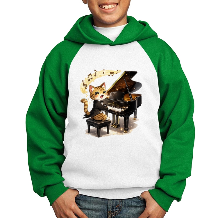 Moletom Infantil Gato Pianista - Orquestra Animal - Branco/Verde