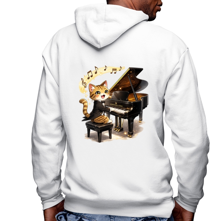 Blusa Moletom Gato Pianista - Orquestra Animal Masculina com Capuz e Zíper - Branca
