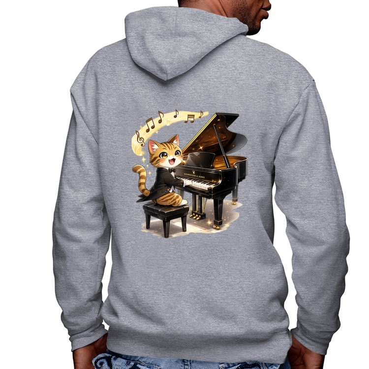 Blusa Moletom Gato Pianista - Orquestra Animal Masculina com Capuz e Zíper - Mescla
