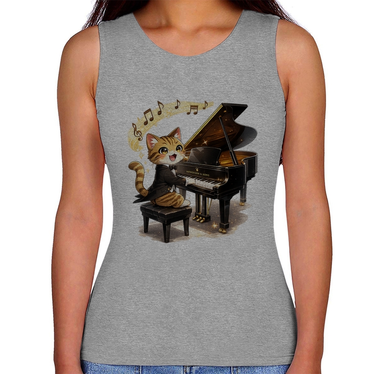 Regata Feminina Gato Pianista - Orquestra Animal - Cinza