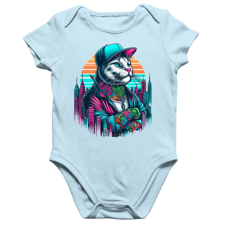 Body Bebê Algodão Gato Urbano Arte - Azul Bebê