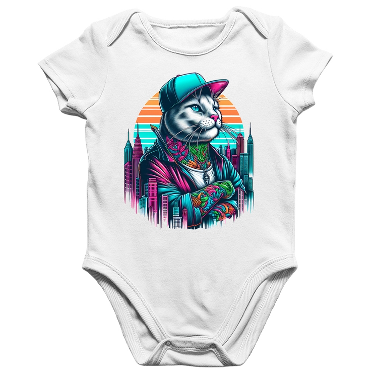 Body Bebê Algodão Gato Urbano Arte - Branco