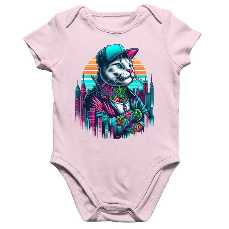 Body Bebê Algodão Gato Urbano Arte - Rosa Bebê