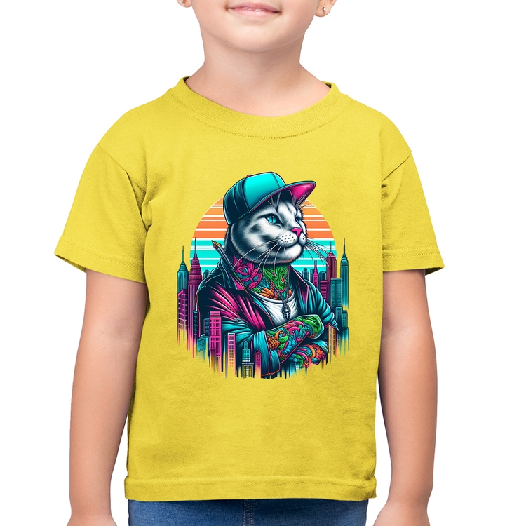 Camiseta Algodão Infantil Gato Urbano Arte - Amarelo Canário
