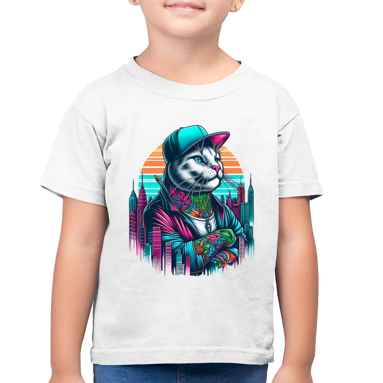 Camiseta Algodão Infantil Gato Urbano Arte - Branca