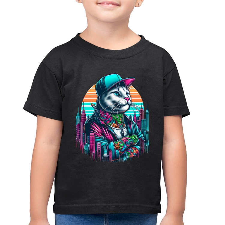 Camiseta Algodão Infantil Gato Urbano Arte