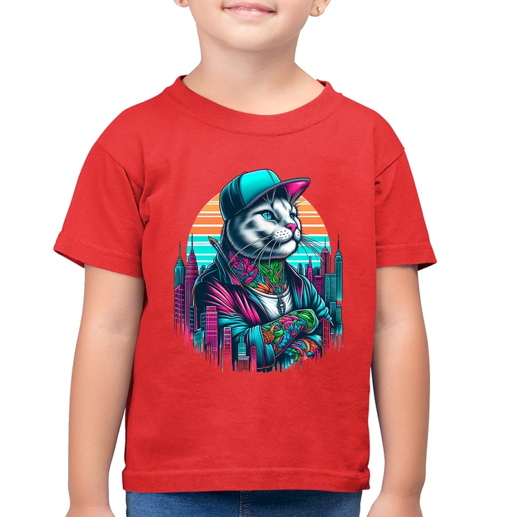 Camiseta Algodão Infantil Gato Urbano Arte - Vermelha