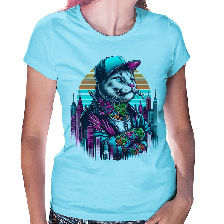 Baby Look Gato Urbano Arte - Azul Bebê