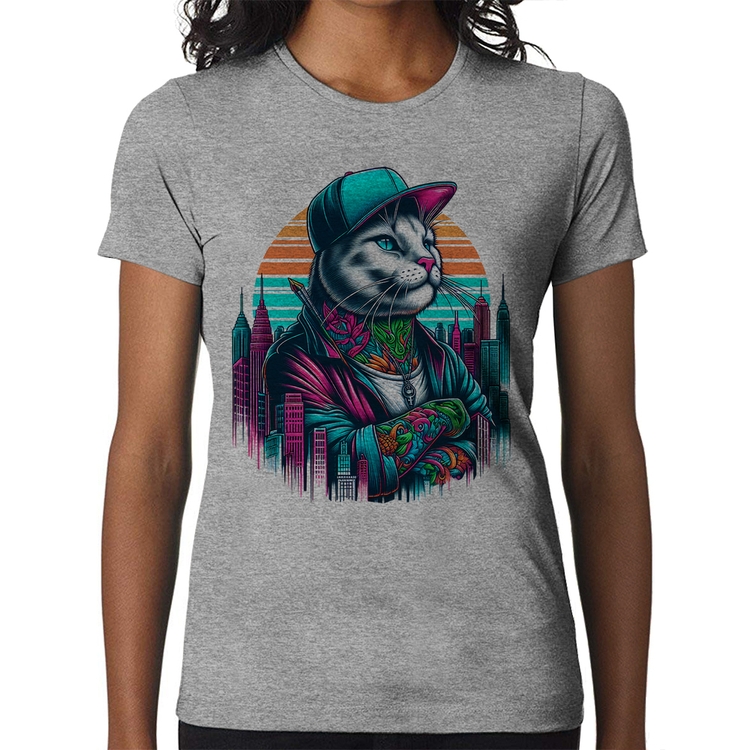 Baby Look Gato Urbano Arte - Cinza