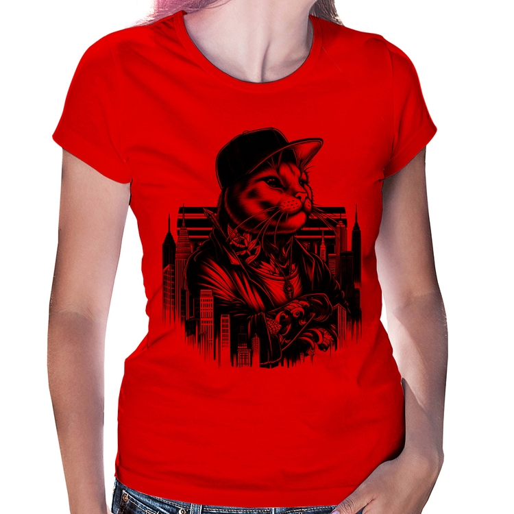 Baby Look Gato Urbano Arte - Vermelha