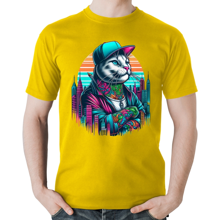Camiseta Algodão Gato Urbano Arte - Amarela