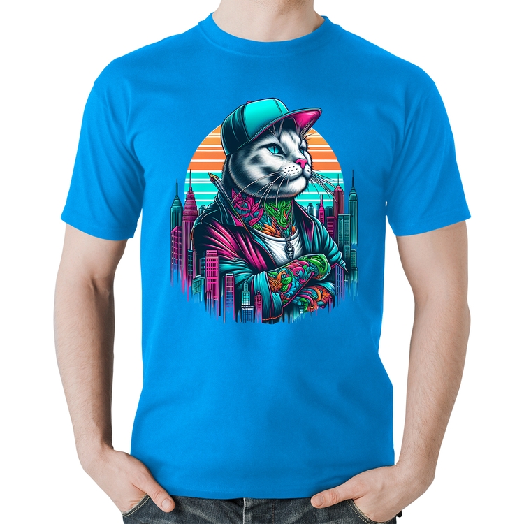 Camiseta Algodão Gato Urbano Arte - Azul
