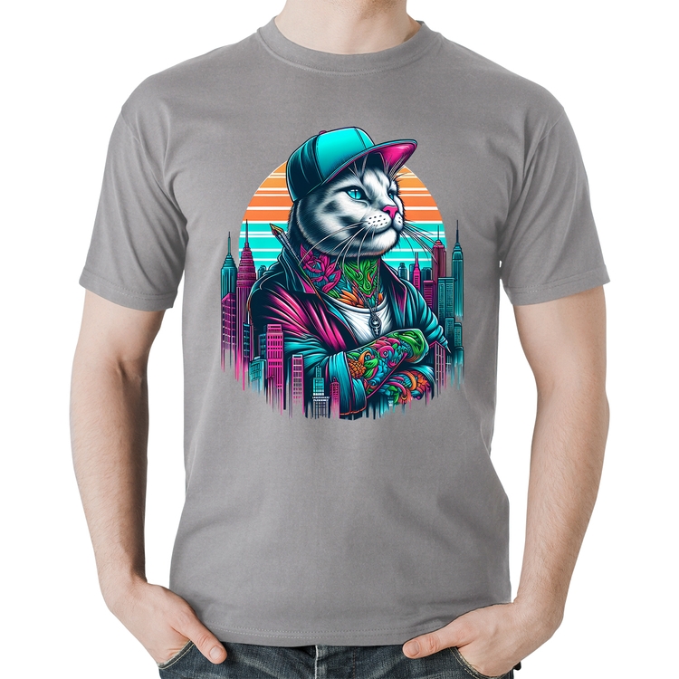 Camiseta Algodão Gato Urbano Arte - Cinza