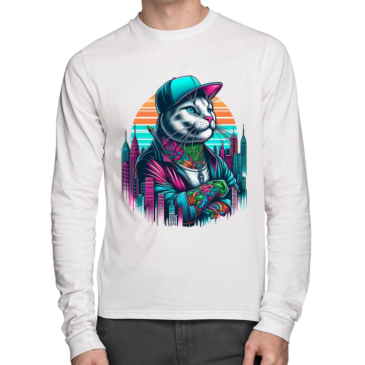 Camiseta Algodão Gato Urbano Arte Manga Longa - Branca