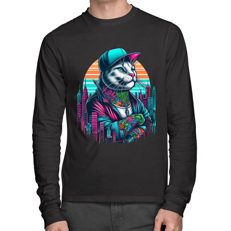 Camiseta Algodão Gato Urbano Arte Manga Longa