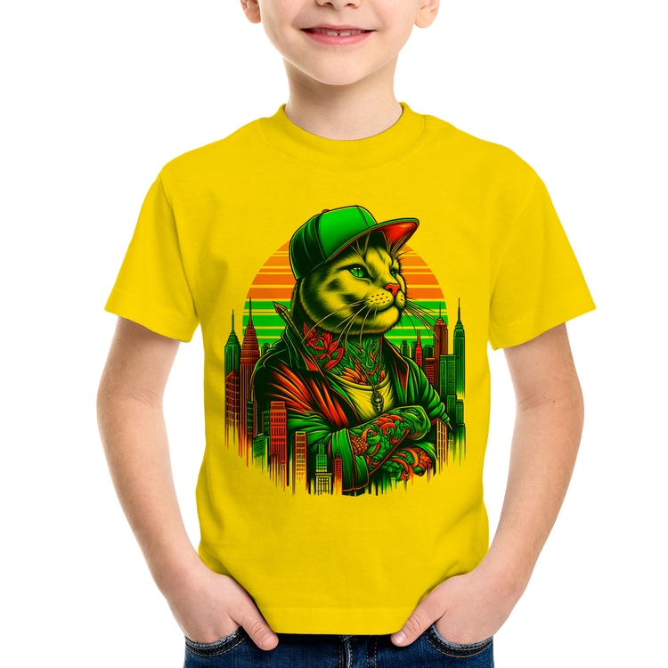 Camiseta Infantil Gato Urbano Arte - Amarela