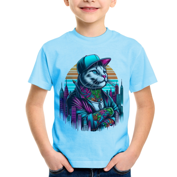Camiseta Infantil Gato Urbano Arte - Azul Bebê