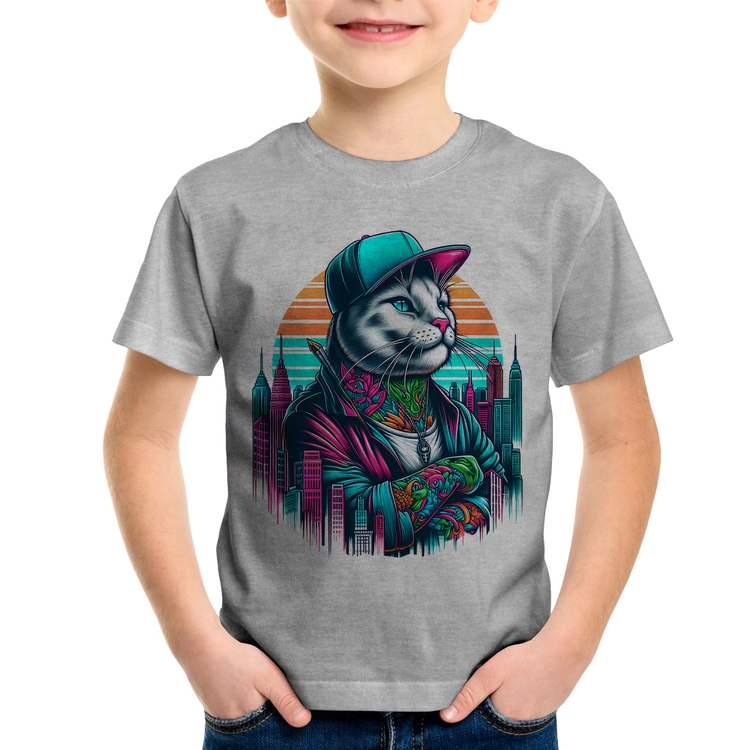 Camiseta Infantil Gato Urbano Arte - Cinza