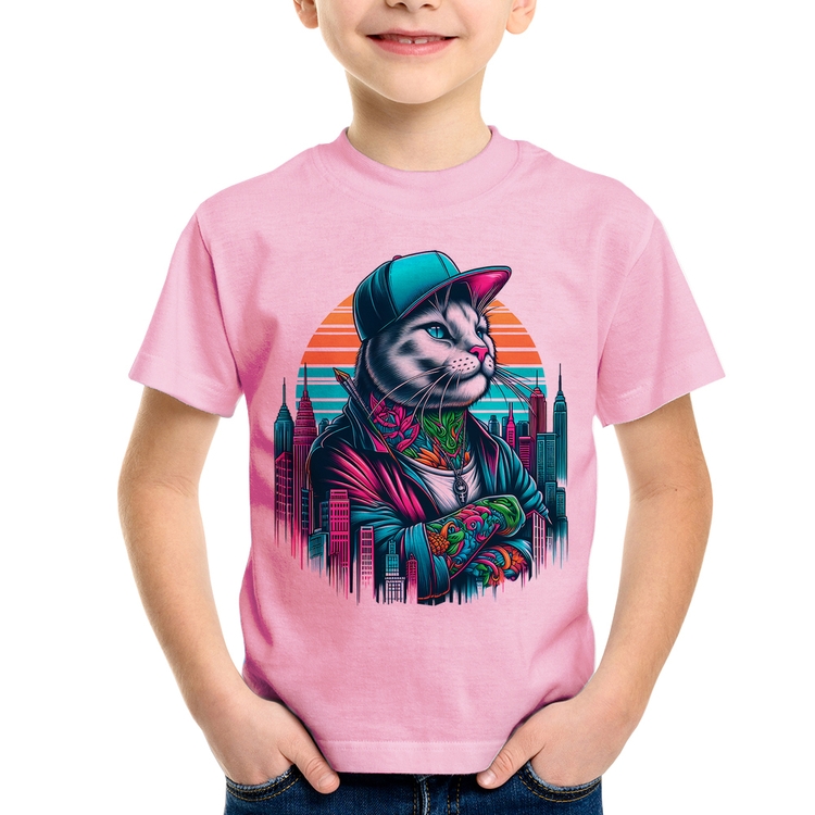 Camiseta Infantil Gato Urbano Arte - Rosa Bebê