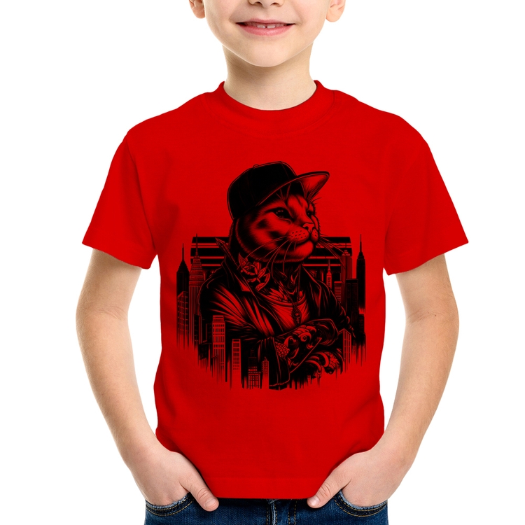Camiseta Infantil Gato Urbano Arte - Vermelha