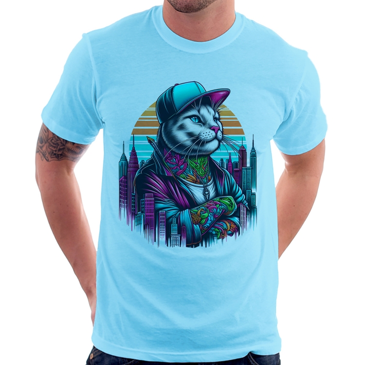 Camiseta Gato Urbano Arte - Azul Bebê