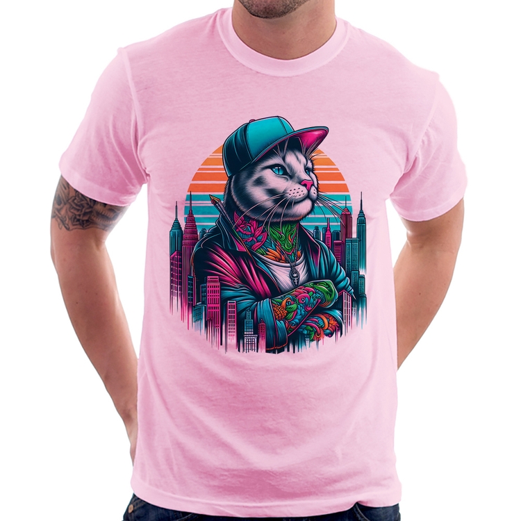 Camiseta Gato Urbano Arte - Rosa Bebê