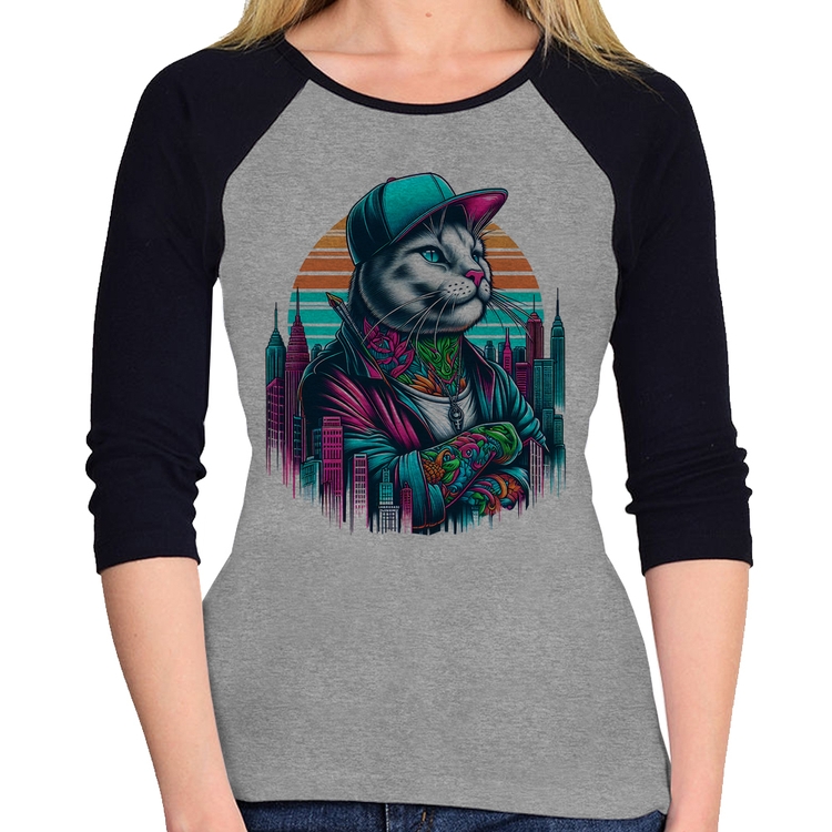Baby Look Raglan Gato Urbano Arte Manga 3/4 - Cinza/Preto